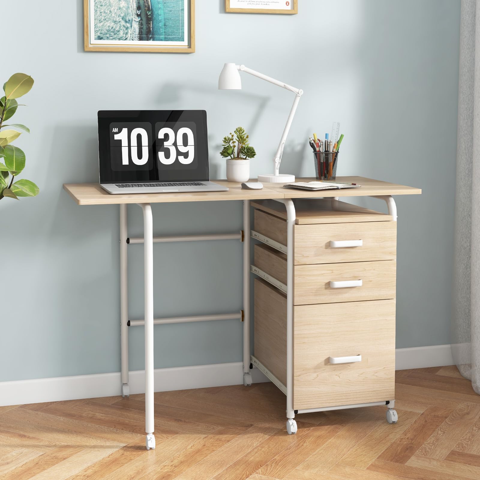 Giantex Folding Desk for Small Space, Rolling Home Office Desk with 3 Drawers & Lockable Universal Wheels