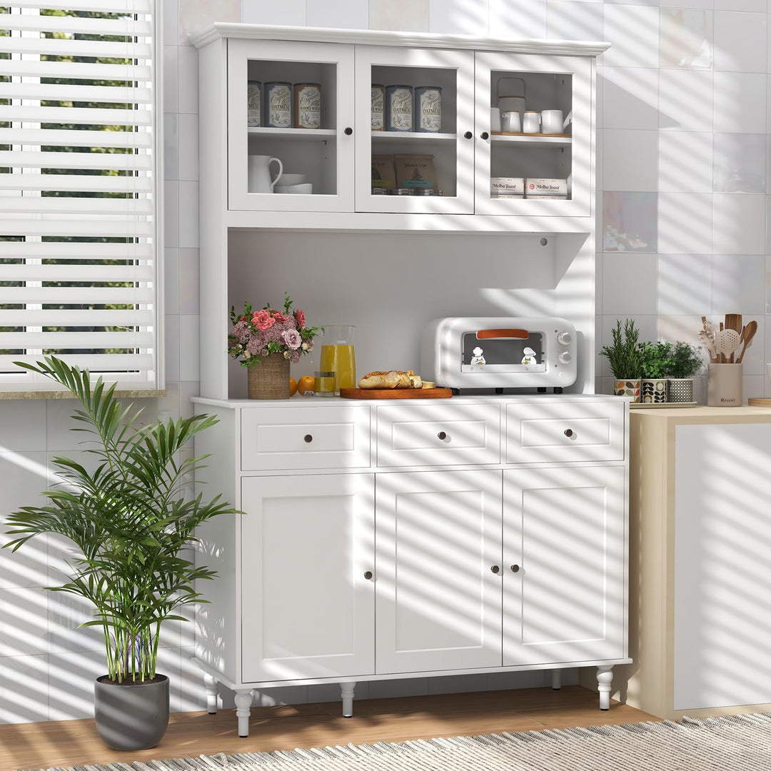 Giantex Pantry Cabinet, 77” Tall Buffet Cabinet with Hutch, LED Lights & Charging Station