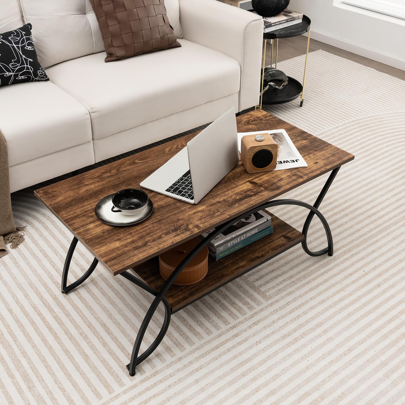 Giantex 2-Tier Rectangular Coffee Table, Modern Chic Cocktail Table with Open Storage Shelf, White/Gold
