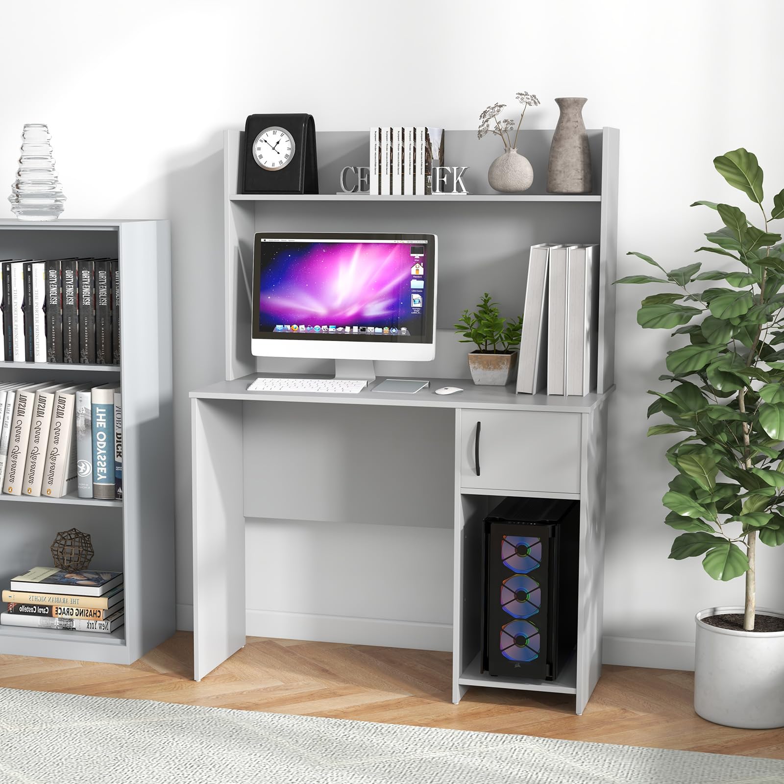Giantex Computer Desk with Hutch, Home Office Desk with Storage Cabinet & Adjustable Shelf