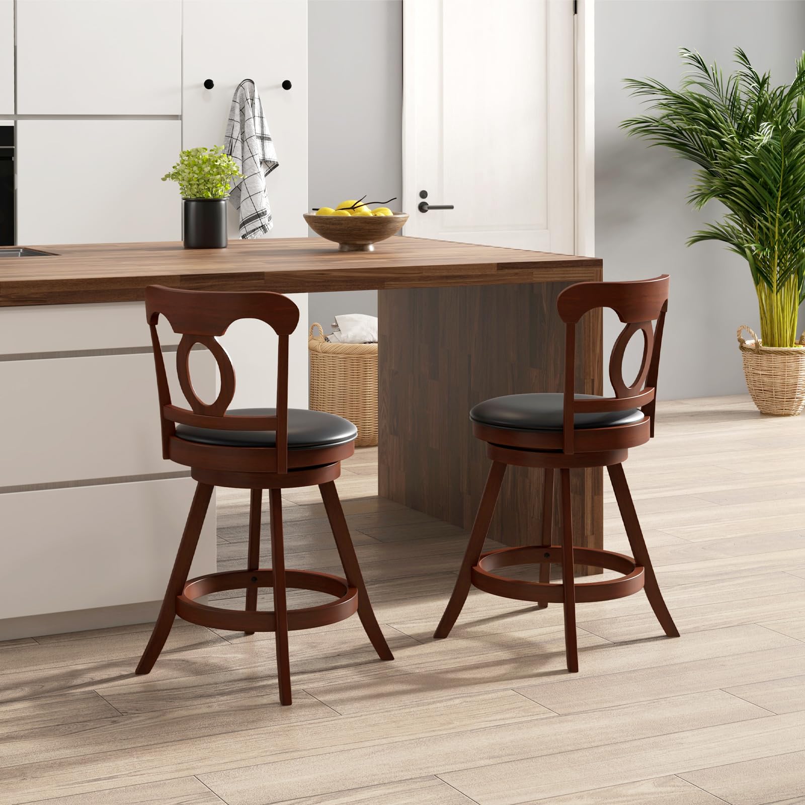 Giantex Swivel Bar Stools Set of 2, 24" Counter Height Barstools with Back, Solid Rubber Wood Frame
