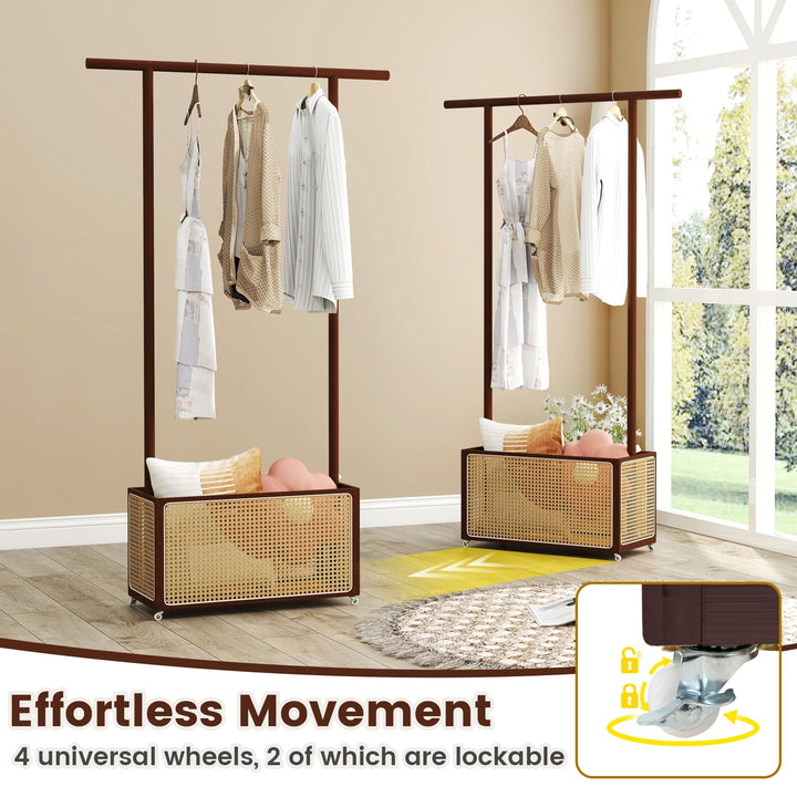 Giantex Bamboo Clothes Rack 2-In-1 Clothing Hanging Rail for Hallway Living Room Bedroom