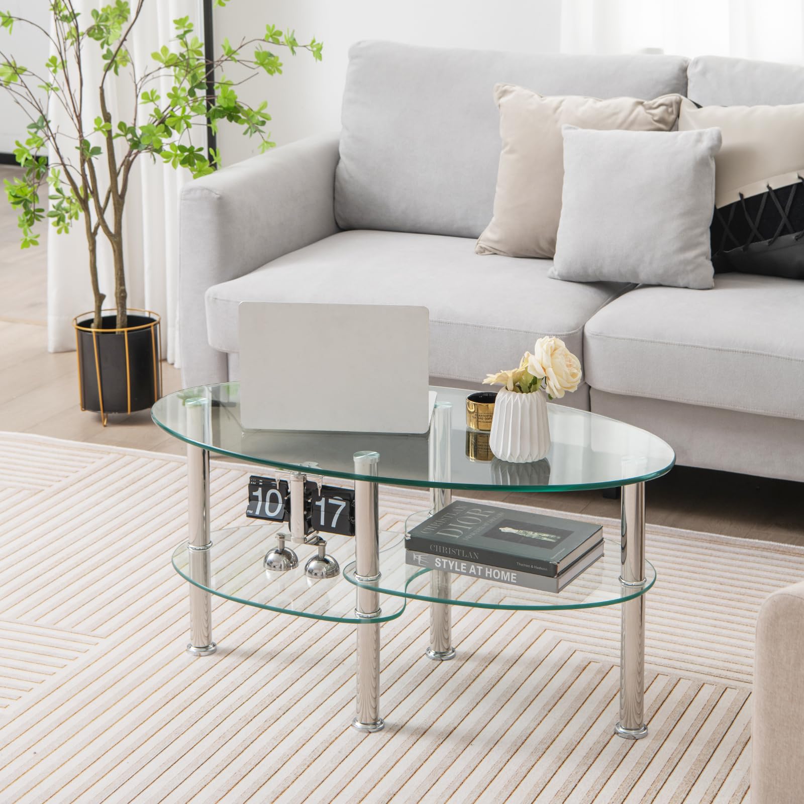 Giantex Oval Glass Coffee Table - 3-Tier Transparent Tempered Glass Center Table with Metal Stand, 35"× 20" ×18"