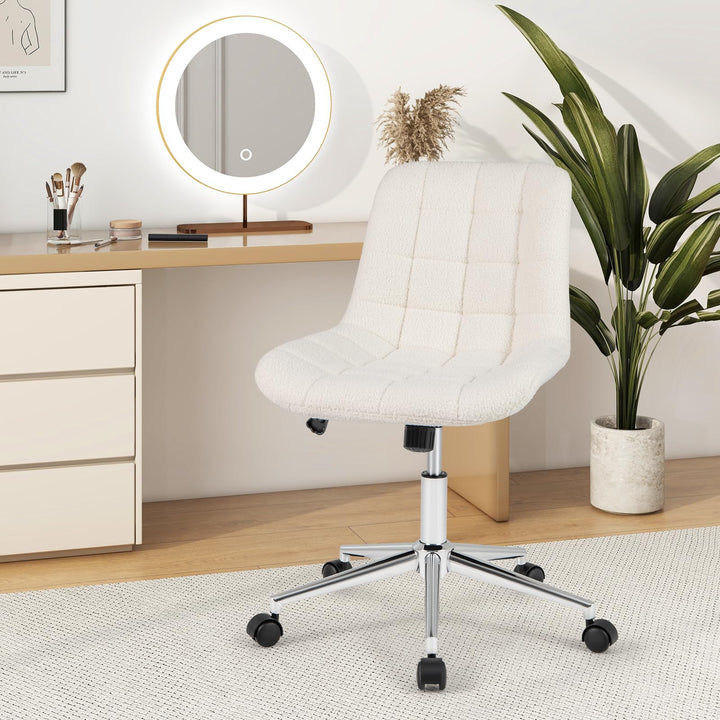 Giantex Armless Office Chair, Modern Faux Fur White Vanity Chair with Wheels & Adjustable Height
