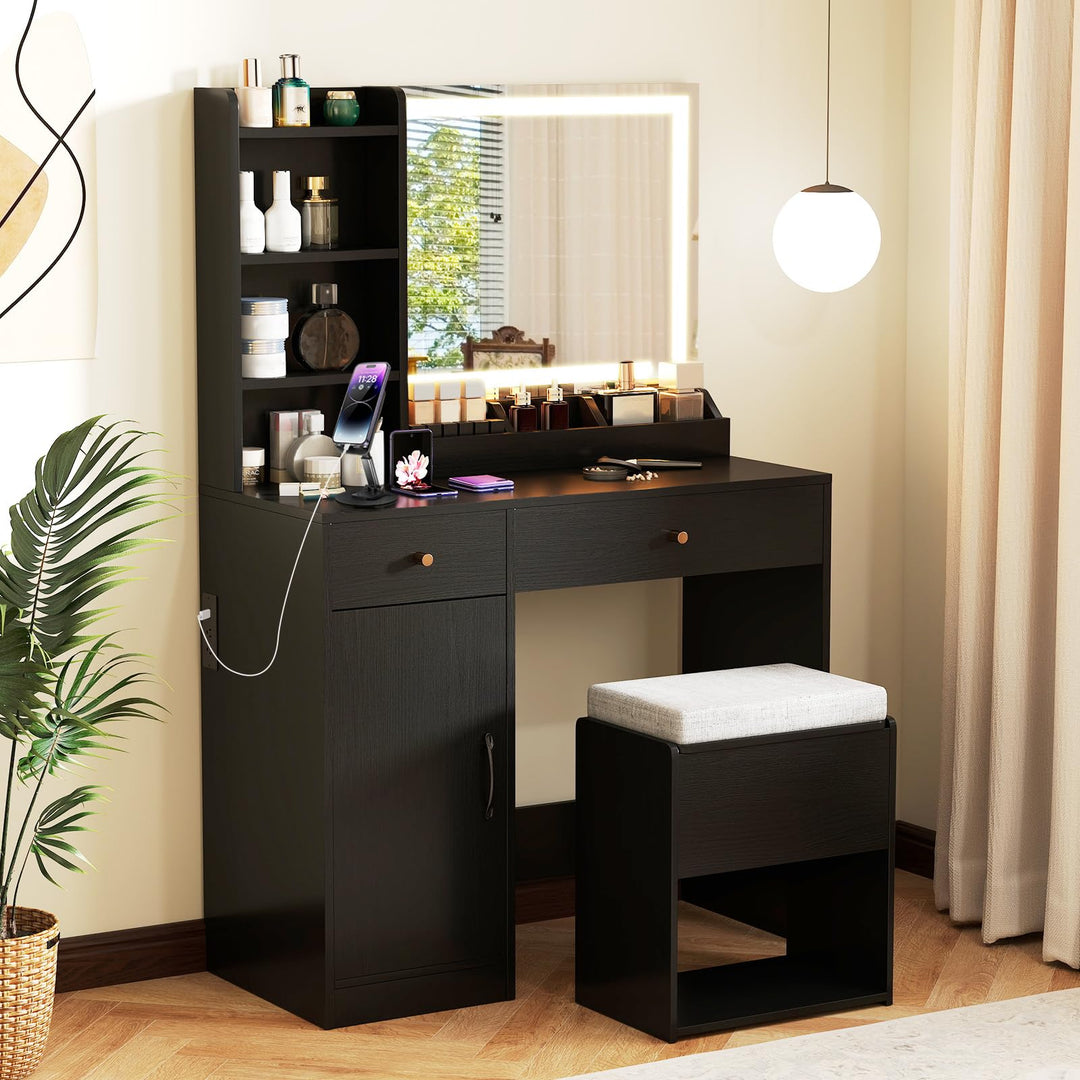 CHARMAID Vanity Desk with Mirror and Lights, Makeup Vanity Desk with Drawers, Shelves, Side Cabinet