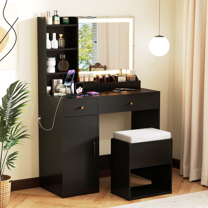 CHARMAID Vanity Desk with Mirror and Lights, Makeup Vanity Desk with Drawers, Shelves, Side Cabinet