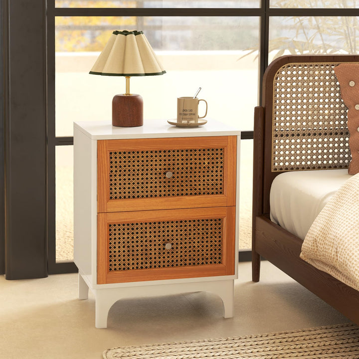 Giantex Rattan Nightstand with Drawers, Natural Rattan End Table, Cane Accent Bedside Table with Solid Wood Legs for Bedroom