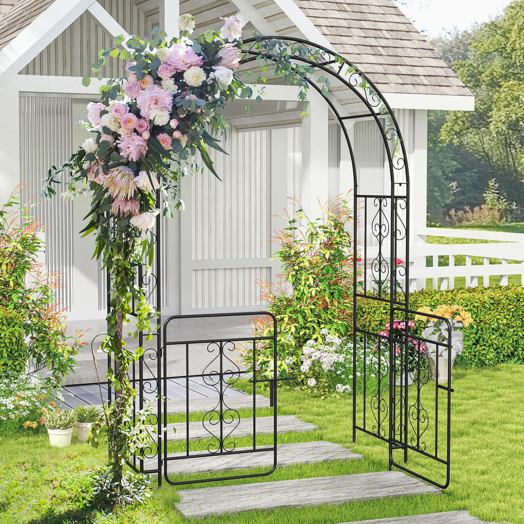 Giantex Garden Arbor with Gate, 84" H x 54" W Metal Arch Trellis for Climbing Plants Rose Vines