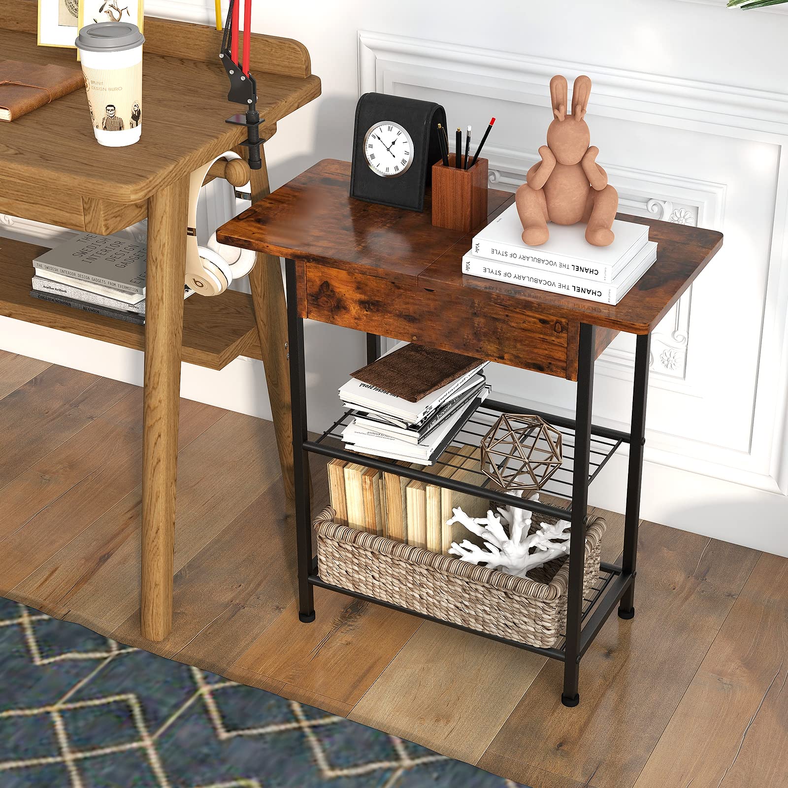 Giantex Side End Table for Small Space, Nightstand with Charging Station, 2 AC Outlets, 2 USB Ports & Adjustable Pads