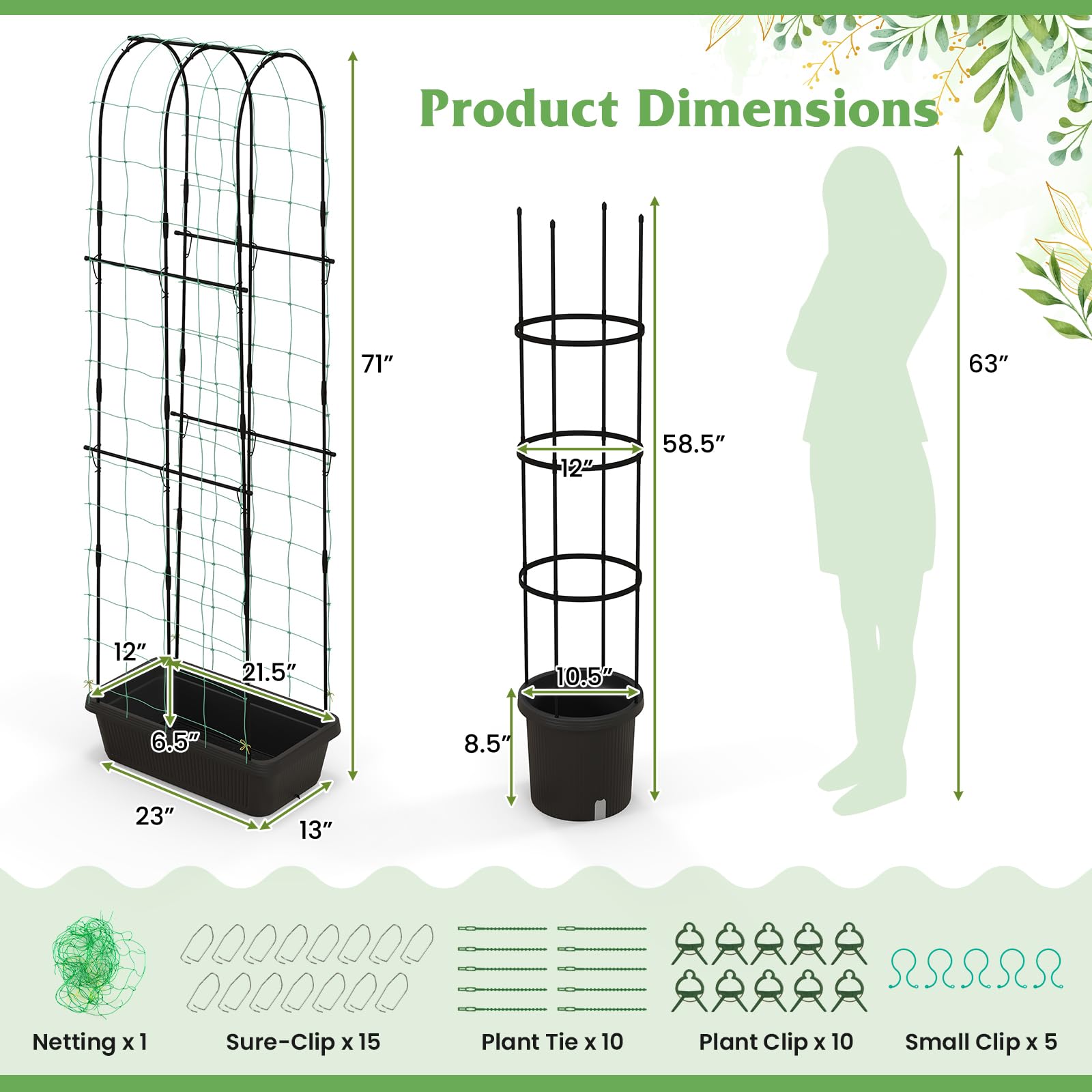 Giantex Set of 2 Raised Garden Bed w/Trellis & Plant Cage, Planter Box w/ 71” Cucumber Trellis