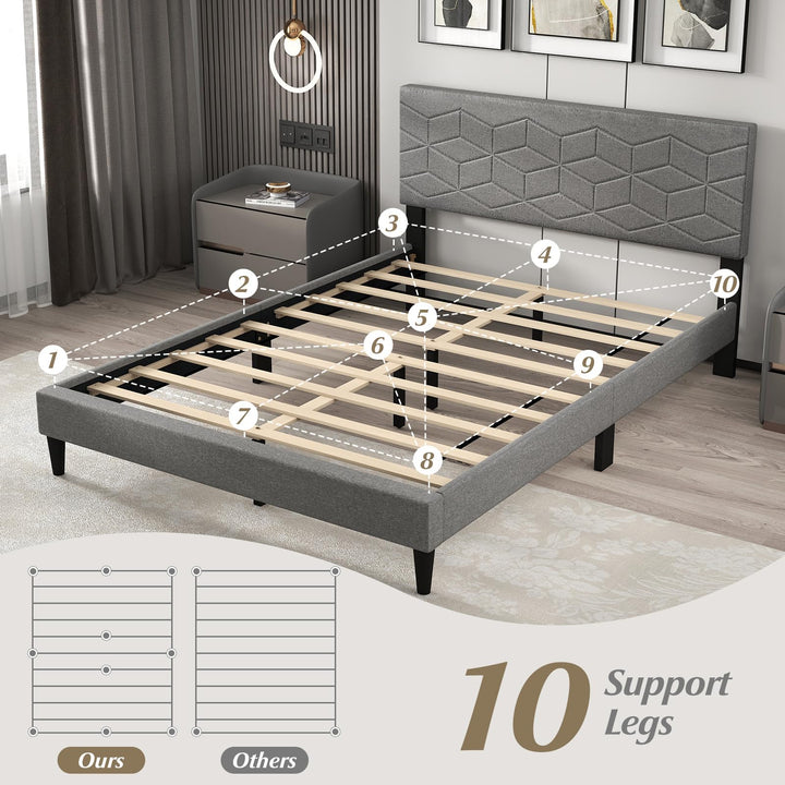 Giantex Upholstered Bed Frame Modern Platform Bed with Linen Fabric Geometric Headboard