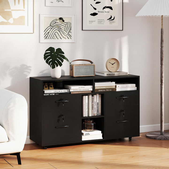 Giantex 4-Drawer Lateral File Cabinet with Lock & 5 Rolling Wheels (2 Lockable)