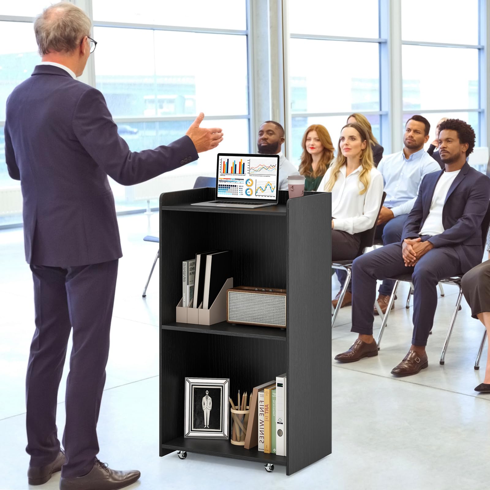 Giantex Portable Podium Stand, Lectern Podium with 2 Storage Shelves, 4 Universal Wheels, Mobile Speaking Podium Hostess Stand Pulpits