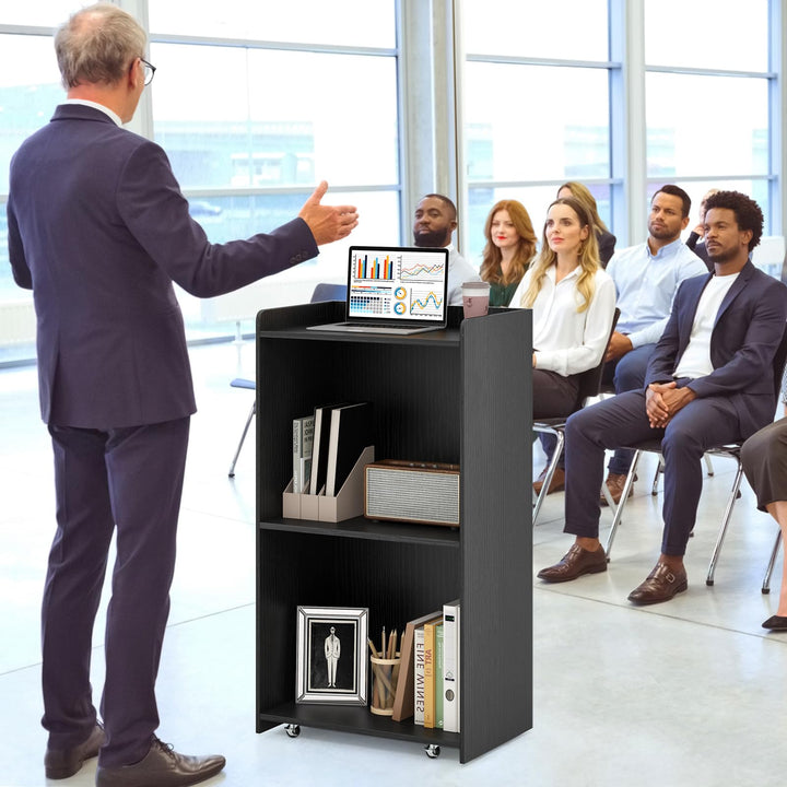 Giantex Portable Podium Stand, Lectern Podium with 2 Storage Shelves, 4 Universal Wheels, Mobile Speaking Podium Hostess Stand Pulpits
