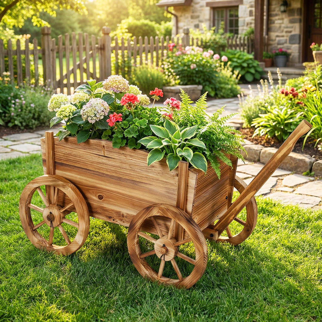 Giantex Wood Wagon Planter Rustic Rolling Flower Pot Stand