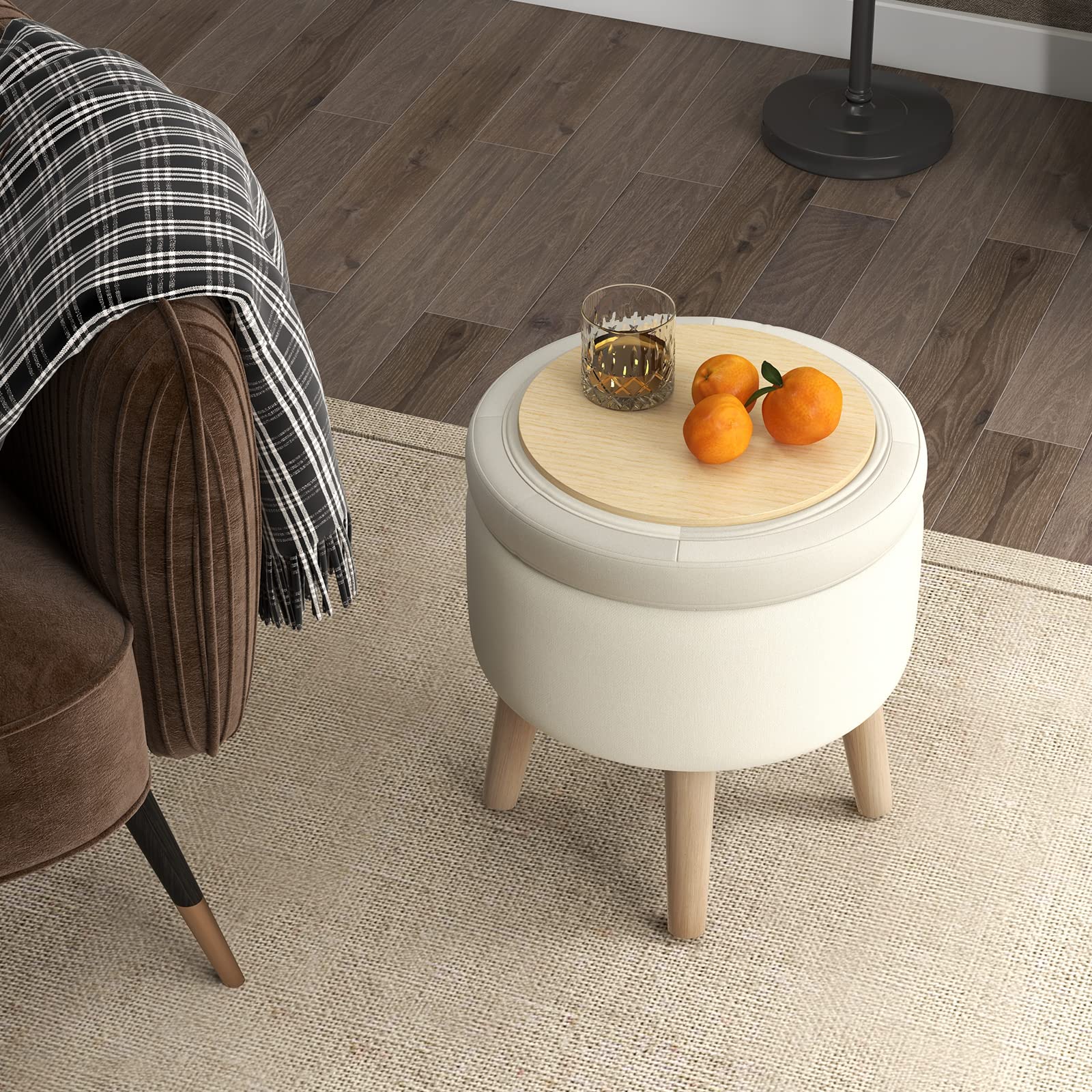 Giantex Storage Ottoman Foot Rest - Round Ottoman Coffee Table Top Cover, Wood Legs