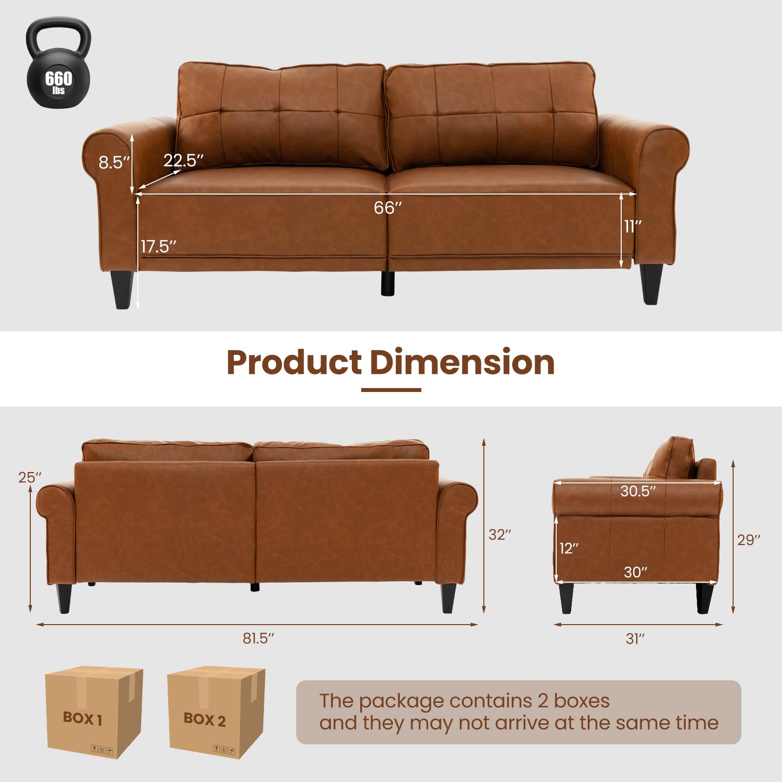 Giantex Sofa Couch, 81.5'' Upholstered 3-Seater Sofa Couch with Faux Leather (Brown)