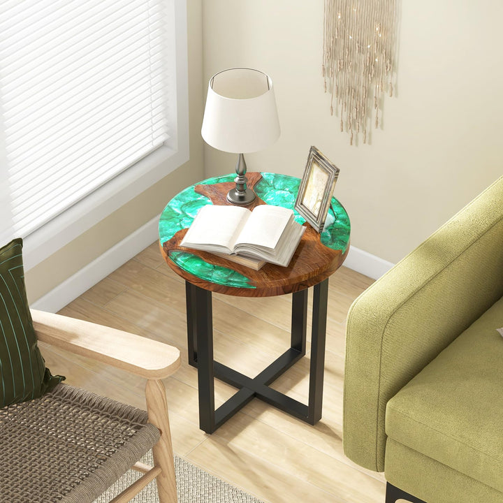 Giantex 20” Teak Wood Outdoor Side Table - Round End Table with Epoxy Resin Tabletop