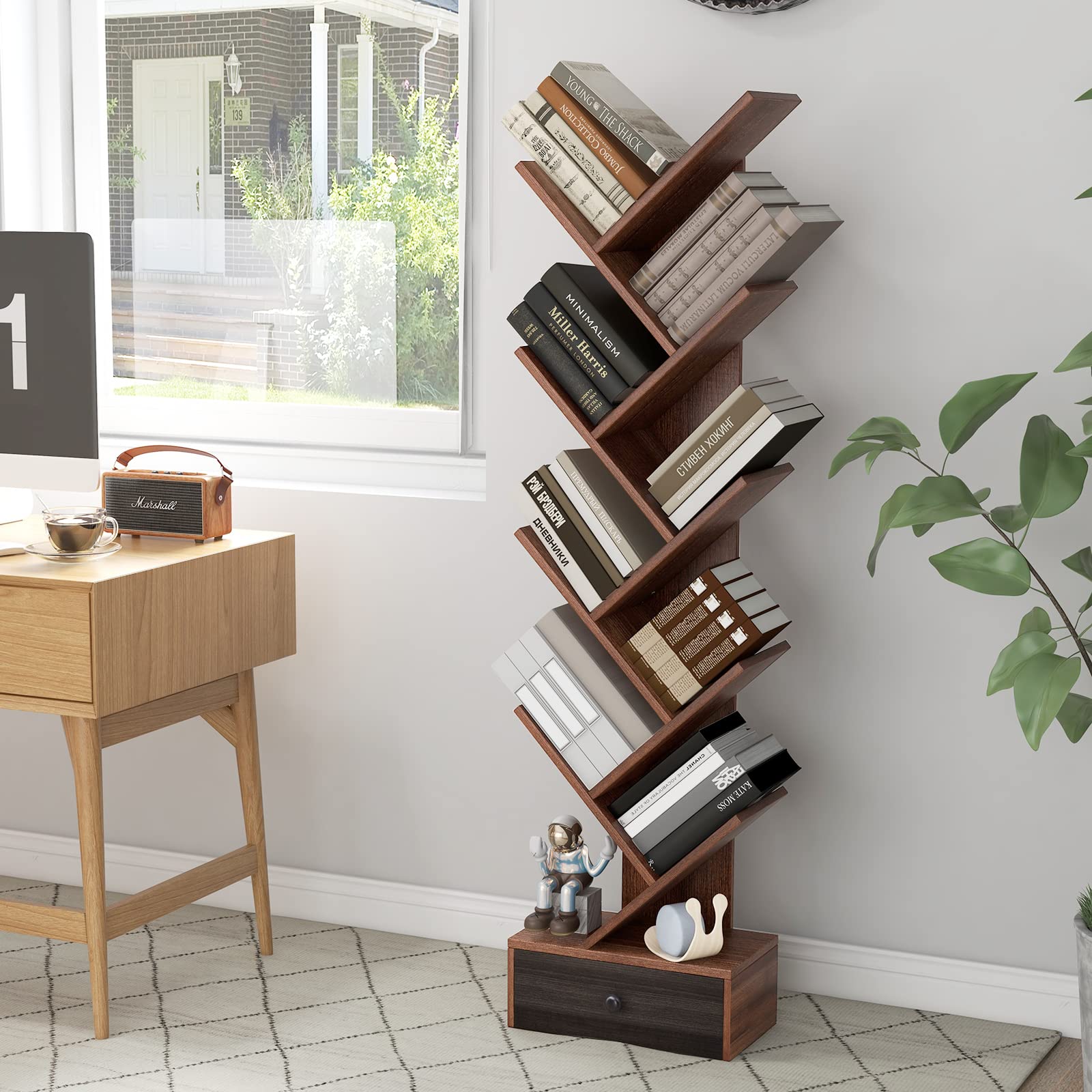 10-Tier Tree Bookshelf with Drawer, Brown - Giantex