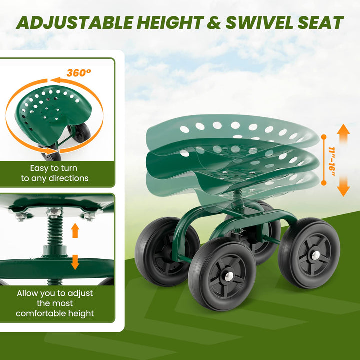 Giantex Garden Cart, Rolling Workseat with 4 Wheels, Garden Stool 360-degree Swivel Work Seat & Adjustable Heigh