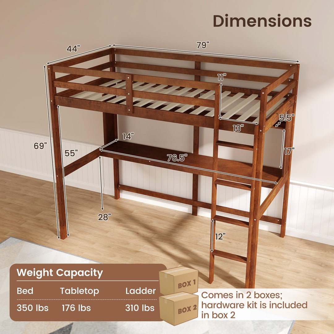 Giantex Twin Loft Bed with Desk and Bookshelf, Wooden Bed Frame with Safety Guardrail &amp; Ladder