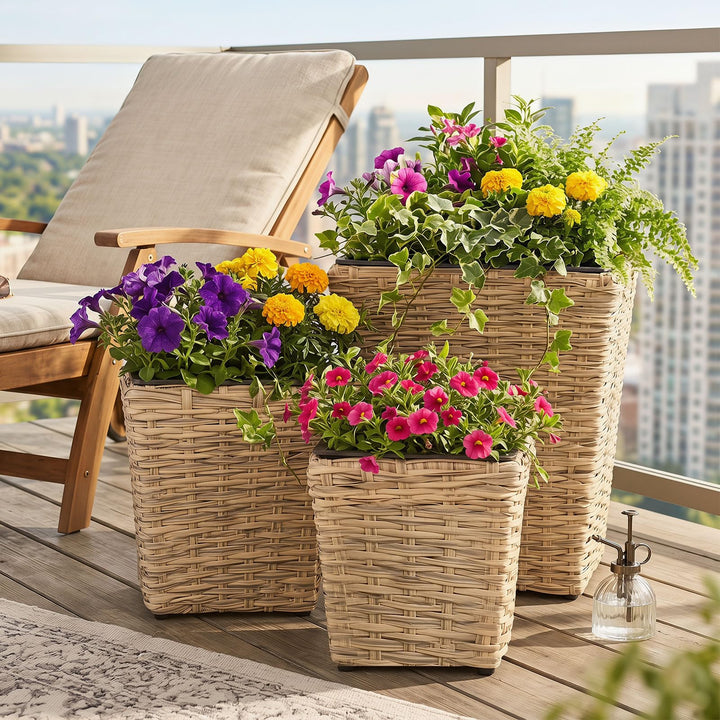 Giantex 3-Piece Rattan Planter Box Kit with Removable Plastic Liners