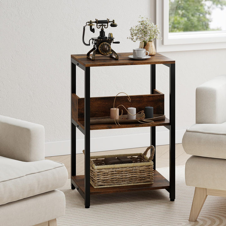 Giantex Side Table with Charging Station - Industrial 3-Tier Bedside Table w/Open Storage Shelves