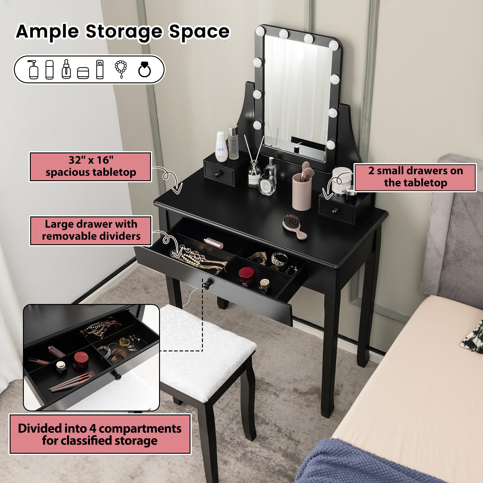 CHARMAID Makeup Vanity Desk with Lighted Mirror, 3 Color Lighting Modes, Adjustable Brightness, 3 Drawers