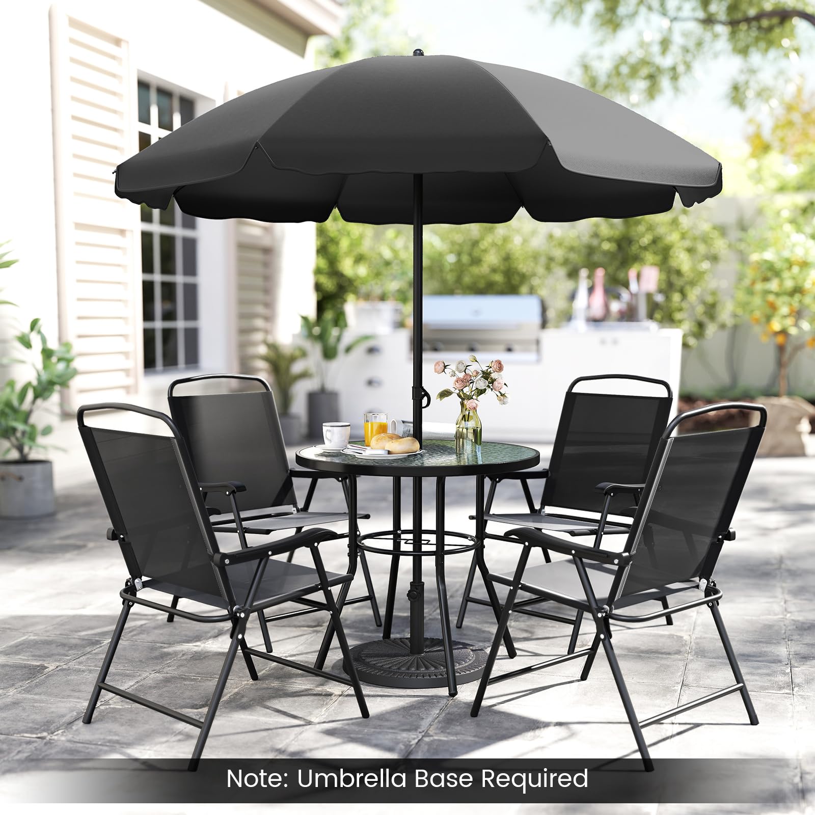 glass patio table with umbrella Giantex 6 Pieces Outdoor Dining Set Tempered Glass Umbrella Table with Hole