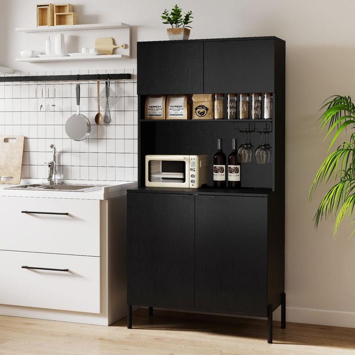 Giantex 64.5" Kitchen Pantry Cabinet with Charging Station, Tall Buffet Hutch with Storage Cabinets