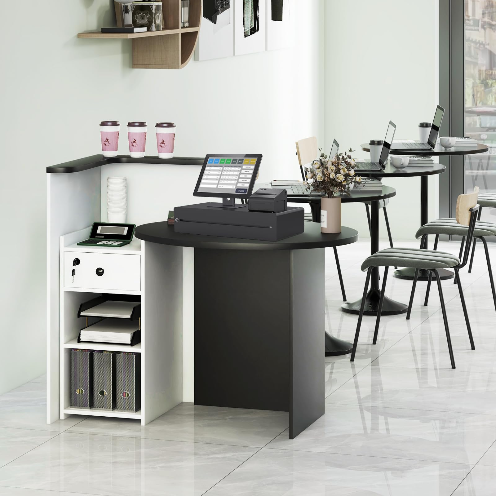 Giantex Reception Desk, Front Counter Desk with Lockable Drawer, Checkout Table with Round Tabletop