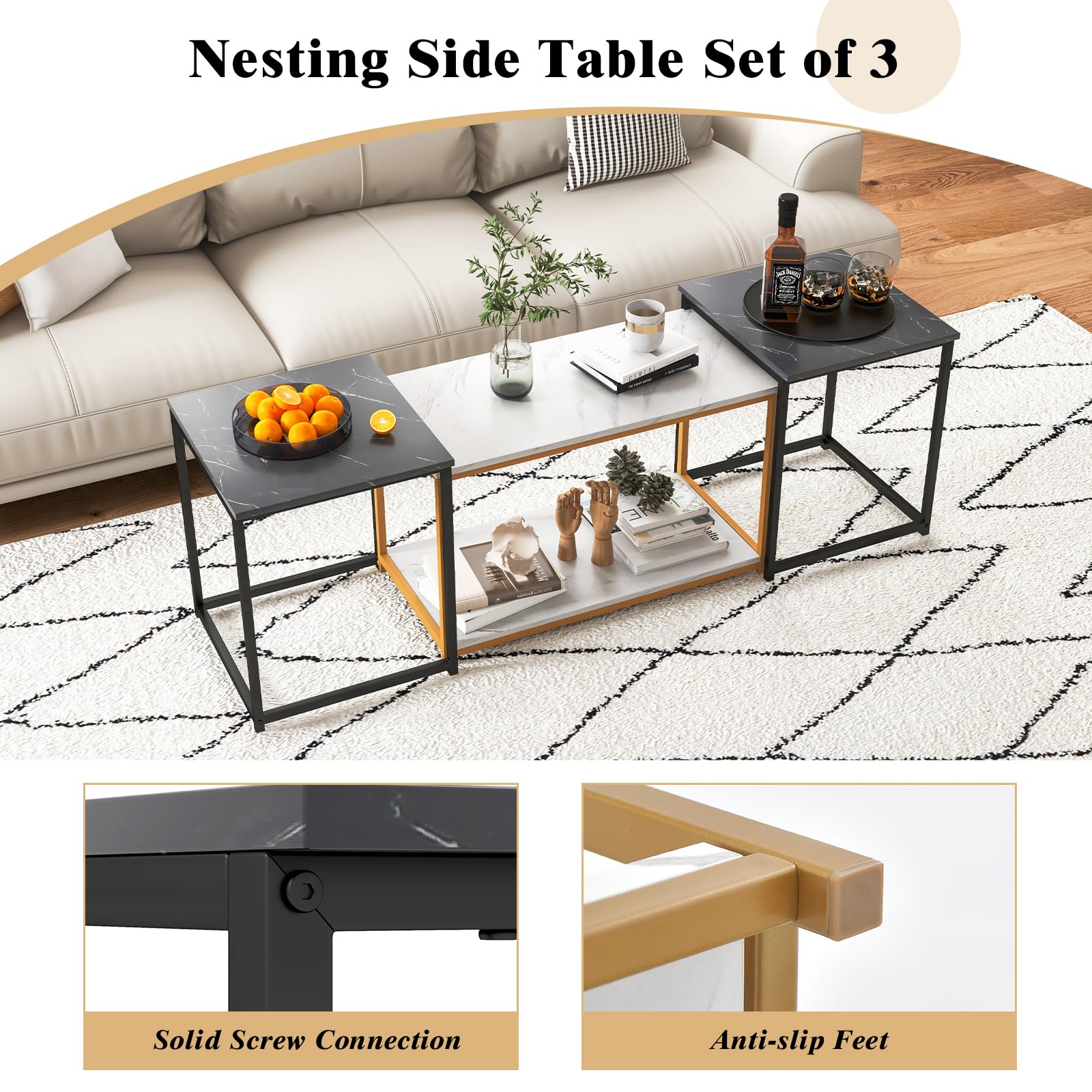 Giantex Modern Nesting Coffee Table - 3 PCS Faux Marble Top End Table Set