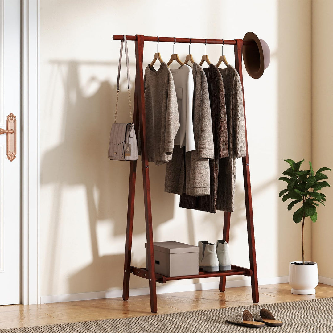 Giantex Folding Rubber Wood Clothes Hanging Rack Standing Garment Rack with Bottom Storage Shelf
