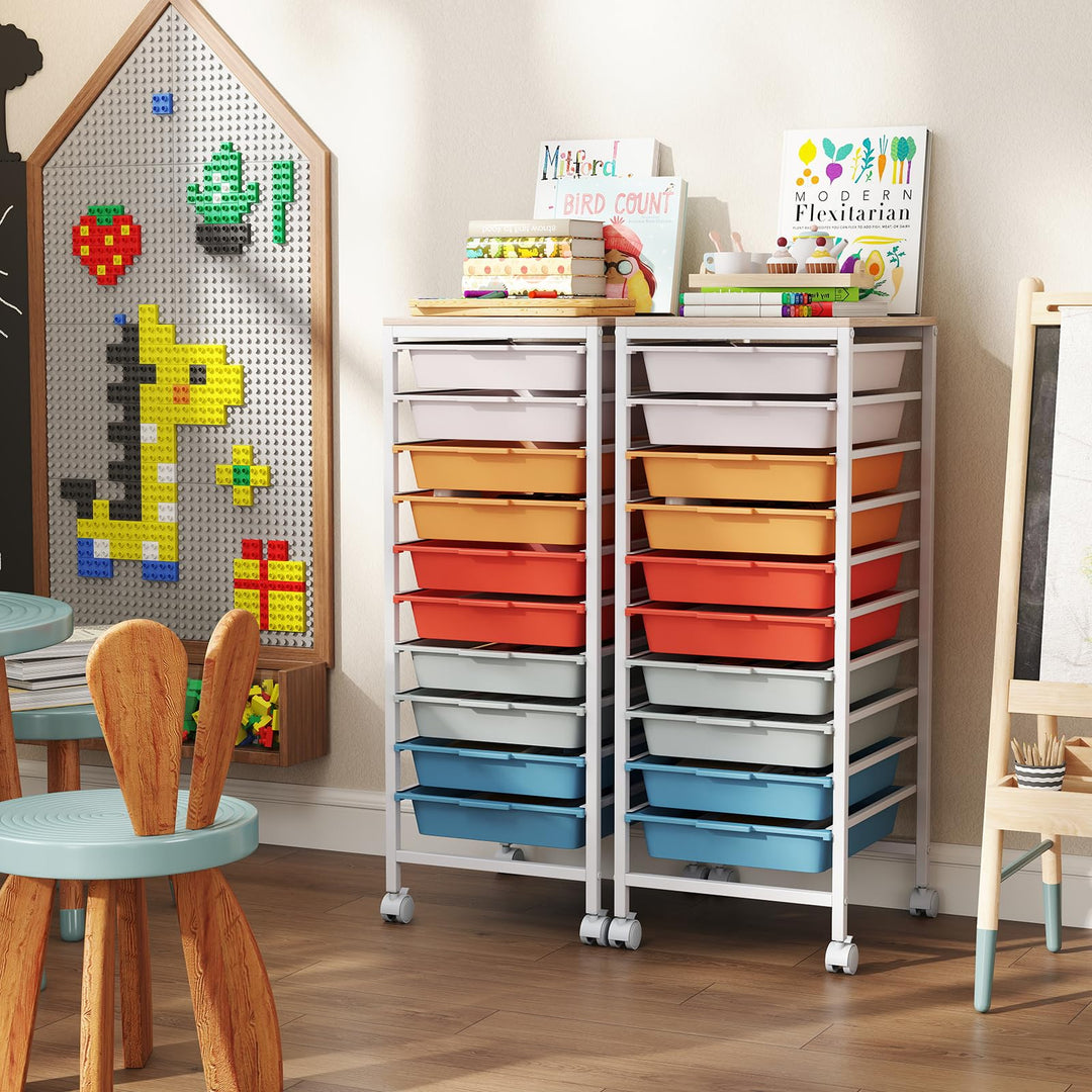 Giantex 10-Drawer Rolling Storage Cart Mobile Utility Organizer with Wooden Tabletop and Lockable Wheels