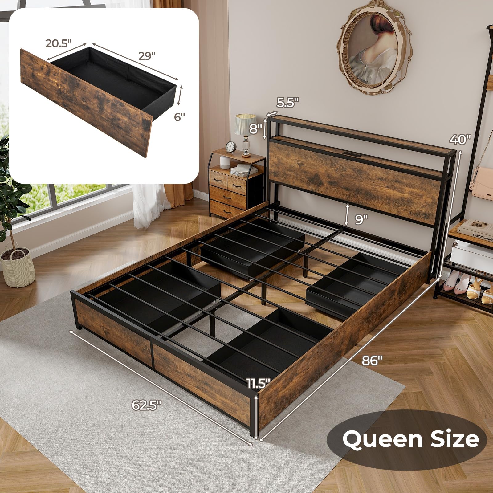 未開封！VERY PHAT SOUL 「BED TIME」 CIMBA Giantex Queen/Full Bed Frame with LED Lights Headboard and 4