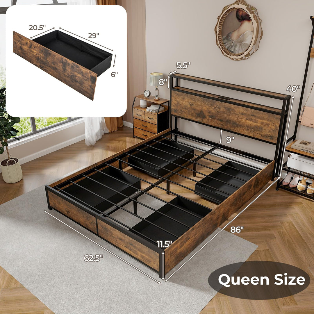 Giantex Queen/Full Bed Frame with LED Lights Headboard and 4 Storage Drawers