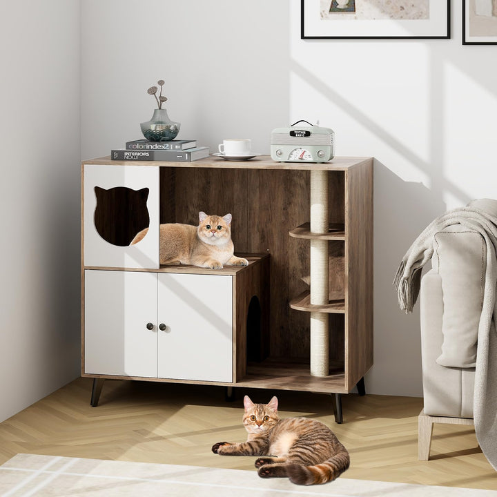 Giantex Cat Litter Box Enclosure - Wooden Cat House Washroom Hidden Furniture with Cat Tree