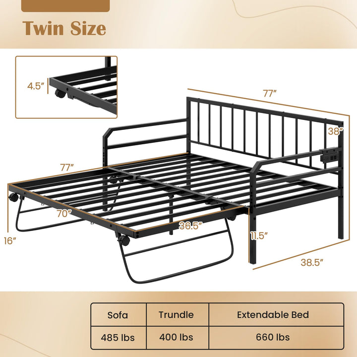 Giantex Twin Daybed with Trundle, Twin Bed Frame with Charging Station & LED Lights, Metal Trundle Bed Twin w/Steel Slats Support