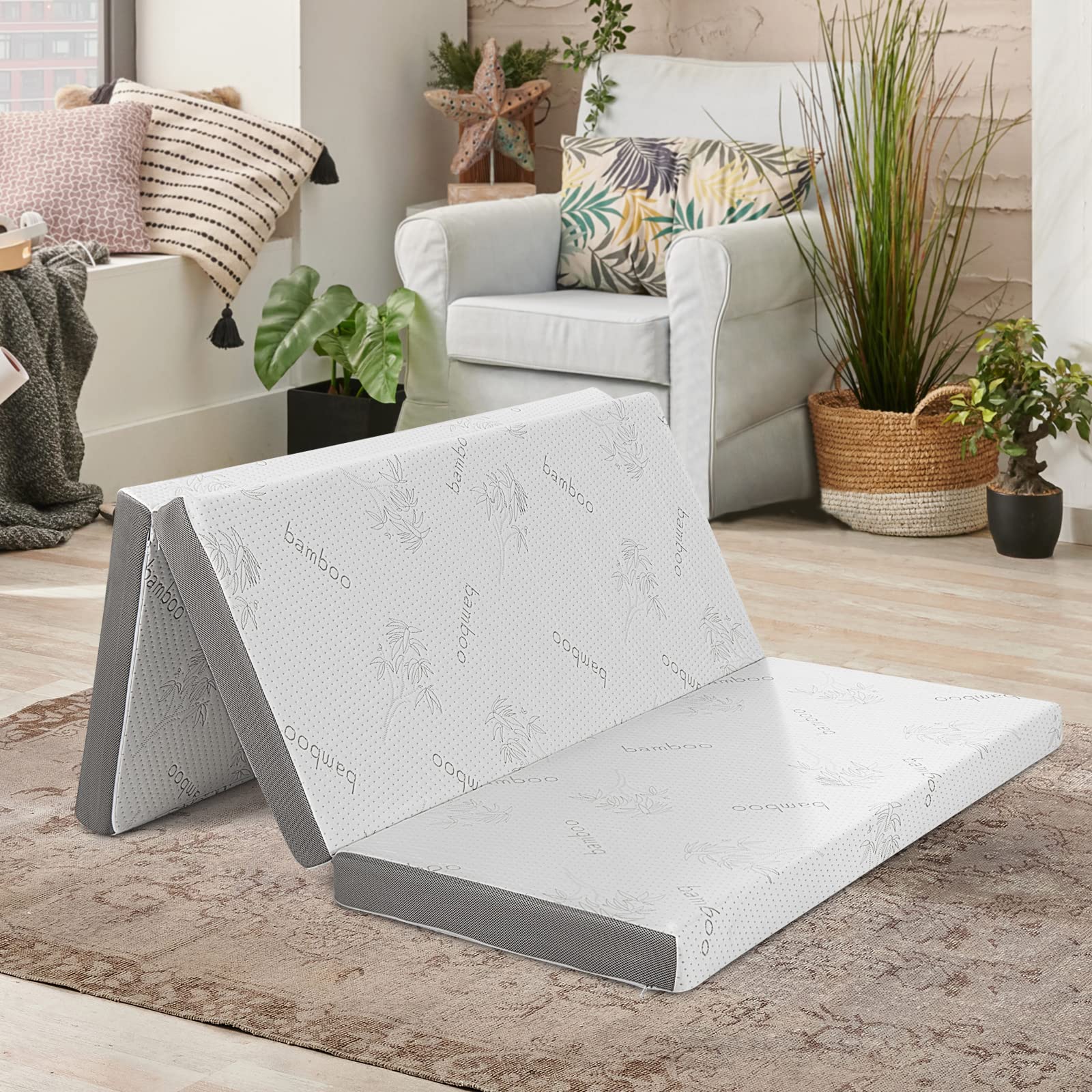 Giantex 4 Inch Tri Folding Mattress,CertiPUR-US Gel-Infused Memory Foam with Bamboo Cover Carry Bag