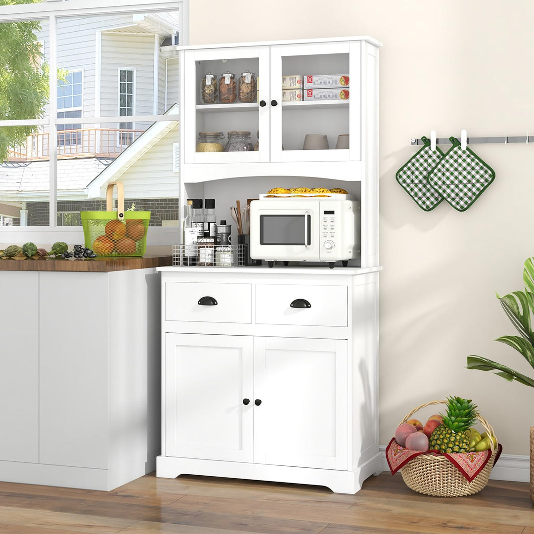 Giantex 67" Pantry Organizers, Freestanding Tall Buffet Cabinet with Hutch and 2 Drawers, Wooden Cupboard with Glass Doors