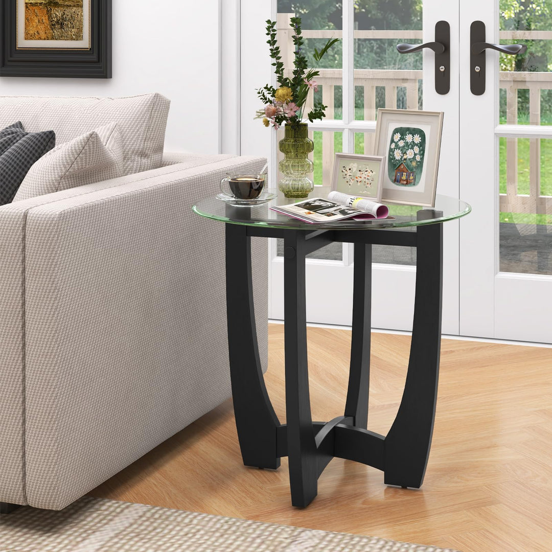 Giantex Glass End Table, Round Side Table with Rubber Wood Frame & Tempered Glass Top, 23.5" Small Black Coffee Table