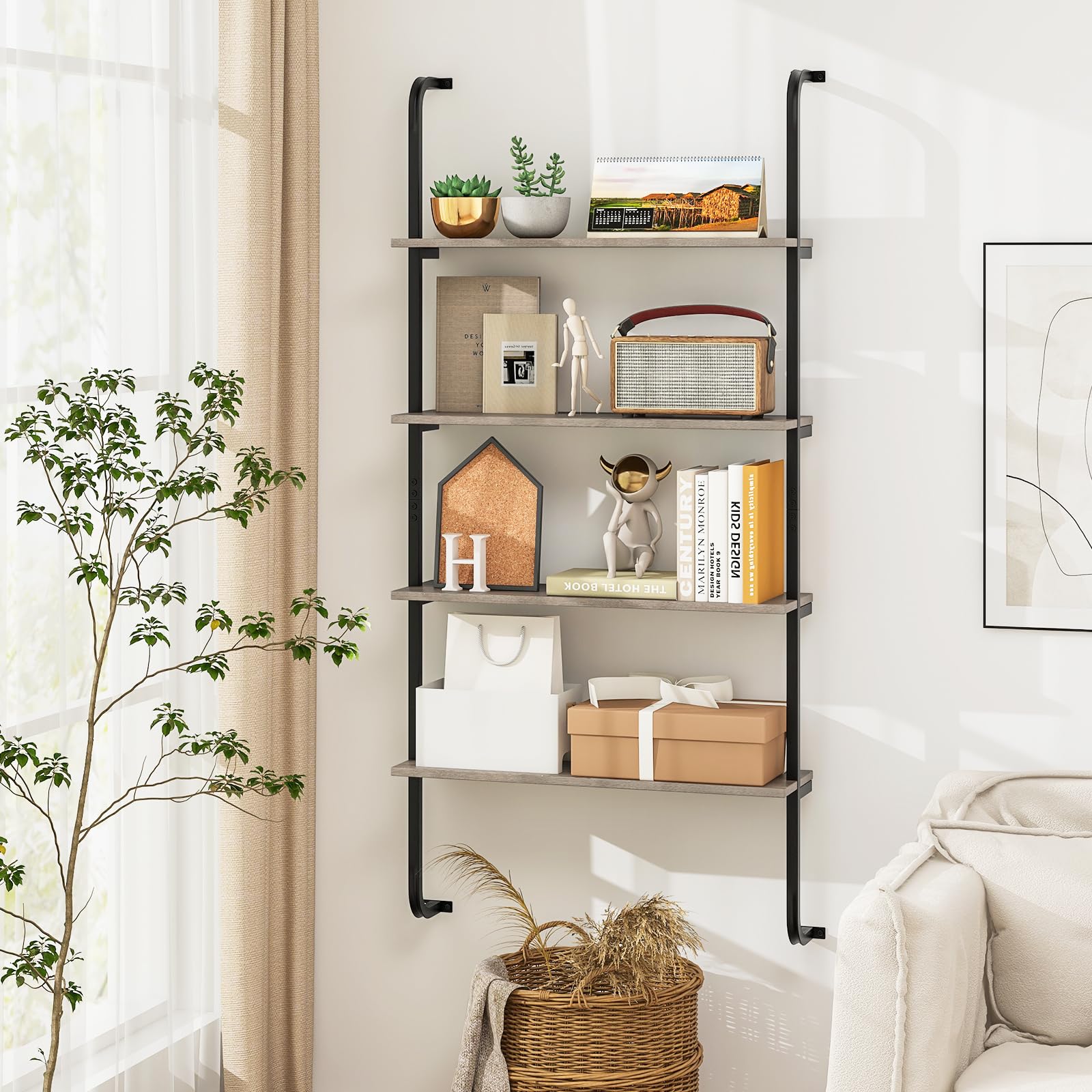 Giantex 4-Tier Industrial Bookshelf, Wall Mounted Pipe Shelving Unit, Floating Shelves with Metal Frame