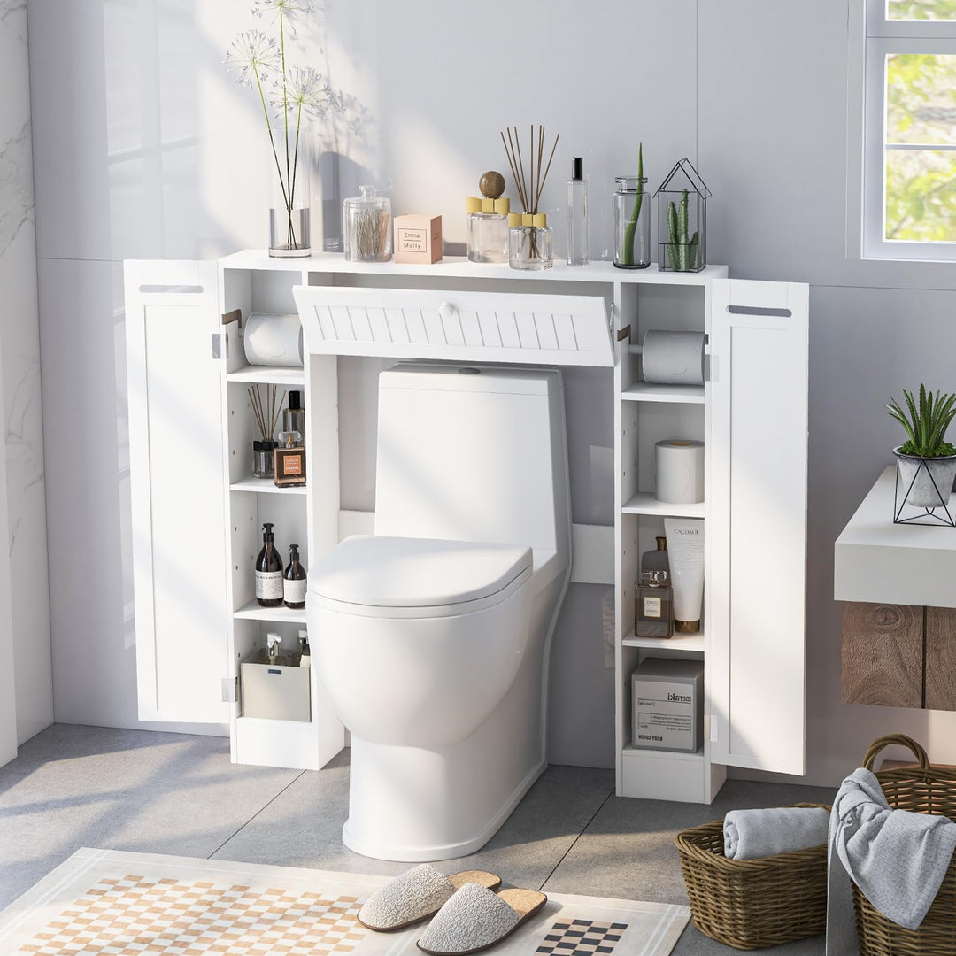 Over-The-Toilet Rack Bathroom Shelf Storage Cabinet Wooden Drop Door Freestanding Spacesaver Improvements, White