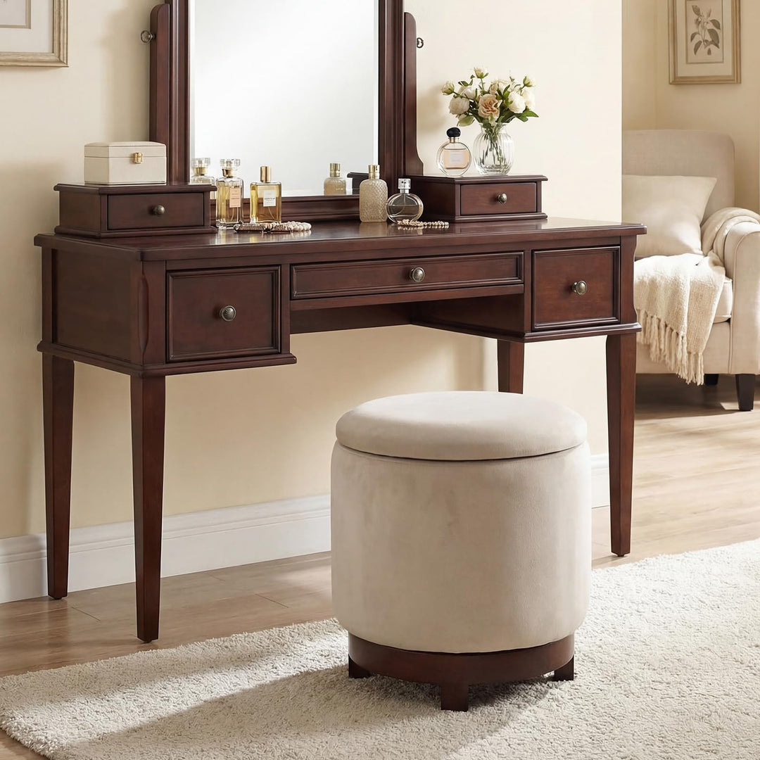 Giantex Round Ottoman with Storage 360° Swivel Velvet Vanity Stool