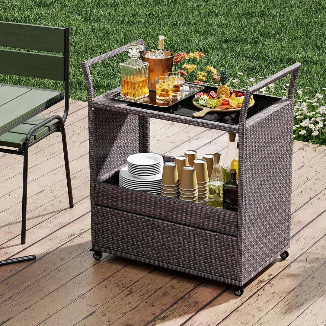 Giantex Rolling Wicker Cart W/Shelves and Big Drawer for Dining Room