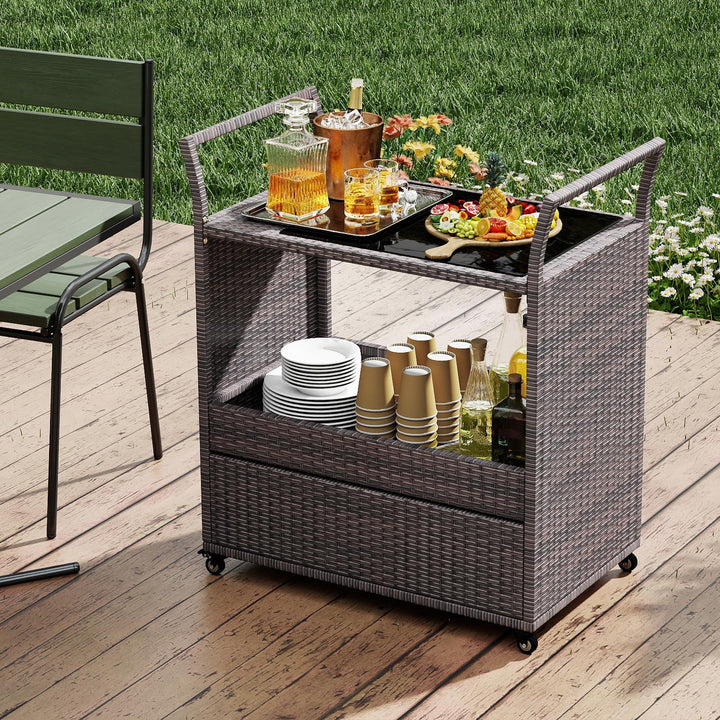 Giantex Rolling Wicker Cart W/Shelves and Big Drawer for Dining Room