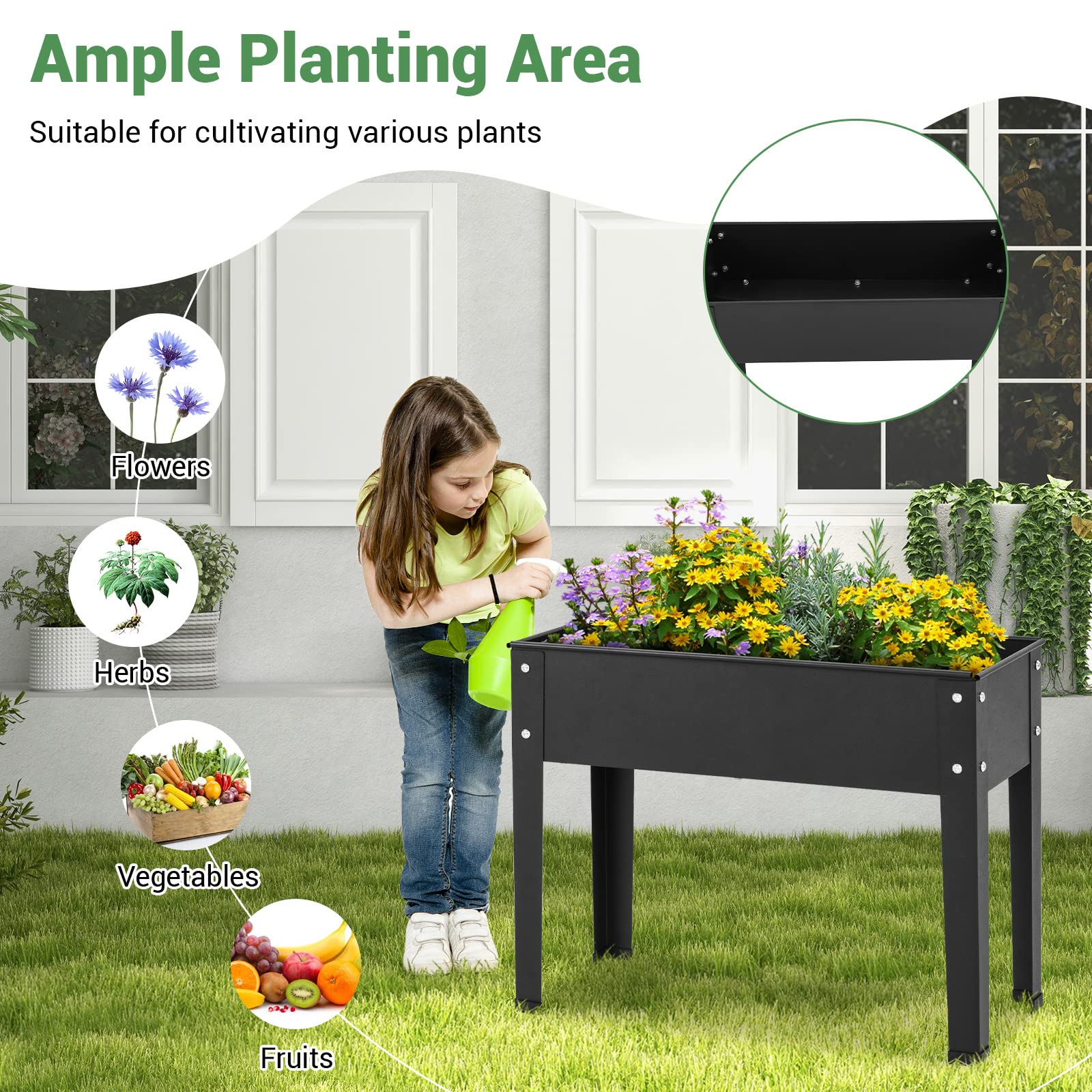 Giantex Raised Garden Bed, Metal Planter Box with Legs, Drain Hole, Outdoor Indoor Elevated Garden Box