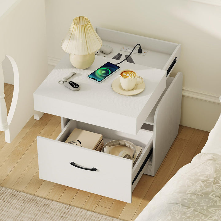 Giantex Nightstand with Charging Station Modern Bedside Table for Living Room Bedroom Office