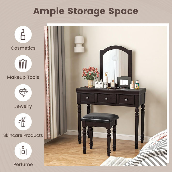 CHARMAID Makeup Vanity Desk with Mirror and Stool, Vanity Table Set with Large Mirror, 3 Drawers, Cushioned Stool