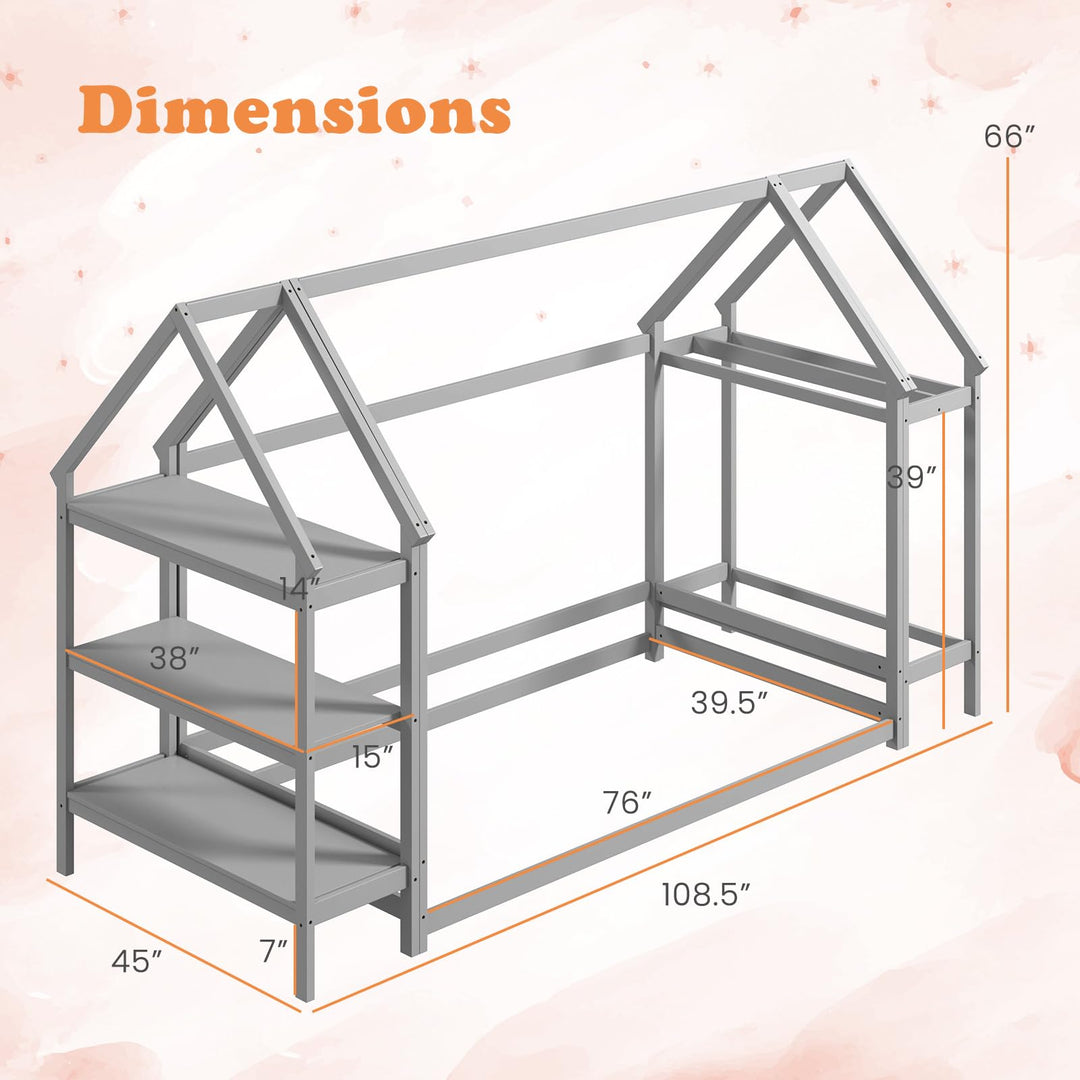 Giantex Twin Floor Bed, Wood Montessori Floor Bed with Detachable 3 Tier Storage Bookshelf & Clothes Rack